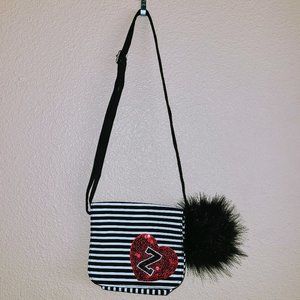 Justice Black and White Striped Purse With Initial Z On Red Sequined Hearth EUC
